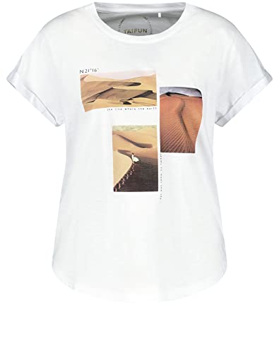 Taifun Damen T-Shirt mit Frontprint GOTS Kurzarm, mit Ärmelaufschlag T-Shirt Kurzarm Rundhals T-Shirt unifarben, Frontprint Weiß Gemustert 36