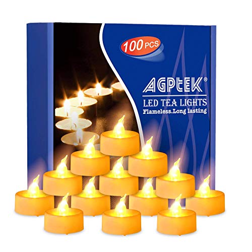 AGPTEK Teelichter Batterie 100 Flameless Kerzen inkl. Batterien CR2032 , Flammenlose LED Teelichter Flackernd Kerzen mit Flackereffekt Warmes Gelb,für Hochzeit/Party Dekorationen