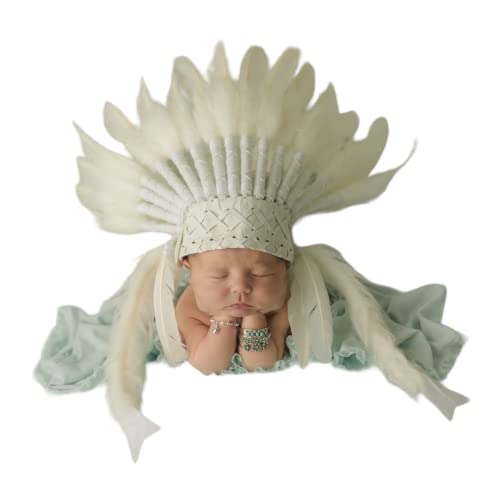 KARMABCN K18- Indian Baby Hat/Neugeborene von 0 bis 9 Monate, Indian Cap, Feder Kopfschmuck (White SWAN)