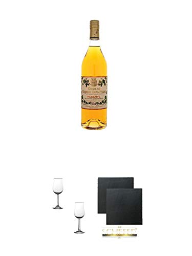 Cognac Dudognon V.S.O.P. - GRANDE CHAMPAGNE 1ER CRU DU COGNAC - Frankreich + Nosing Gläser Kelchglas Bugatti mit Eichstrich 2cl und 4cl - 2 Stück + Schiefer Glasuntersetzer eckig ca. 9,5 cm Ø 2 Stück