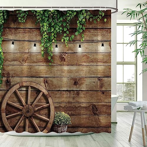 Rumlly Vintage-Duschvorhang, rustikaler Bauernhof, Scheunentor, Holzrad, grüne Blätter, Retro-Badvorhänge, Badezimmer-Dekor mit Haken, 100 x 200 cm