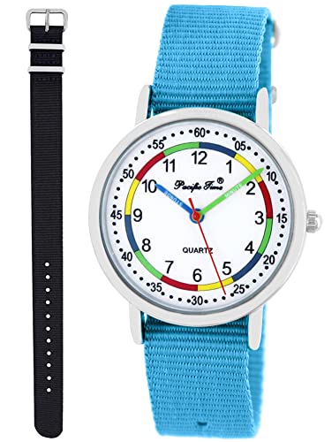 Pacific Time Lernuhr Mädchen Jungen Kinder Armbanduhr 2 Armband hellblau + schwarz analog Quarz 11043