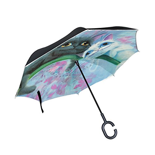 isaoa Große Schirm Regenschirm Winddicht Doppelschichtige seitenverkehrt Faltbarer Regenschirm für Auto Regen Außeneinsatz,C-förmigem Henkel Regenschirm schwarz Katze und weiß Regenschirm