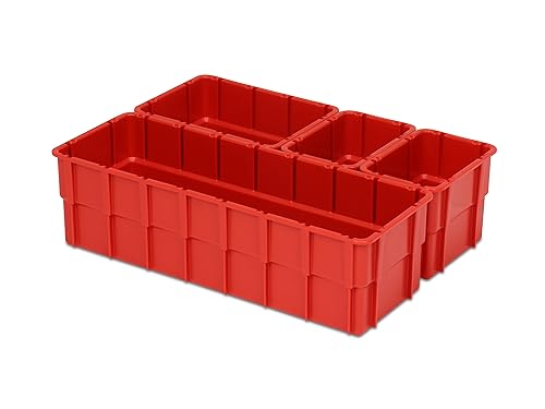 Einsatzkasten Einteilungs-Set für Eurobehälter, Schubladen mit Innenmaß 362x262 mm (LxB), 102 mm hoch, verschiedene Größen/Farben (4er Mix Set, rot)