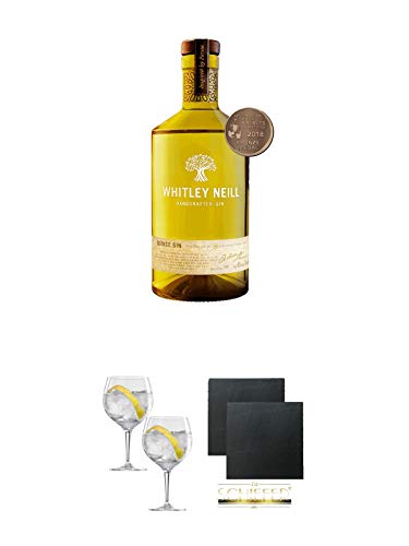Whitley Neill Gin QUINCE 0,7 Liter + Spiegelau Gin & Tonic 4390179 2 Gläser + Schiefer Glasuntersetzer eckig ca. 9,5 cm Ø 2 Stück