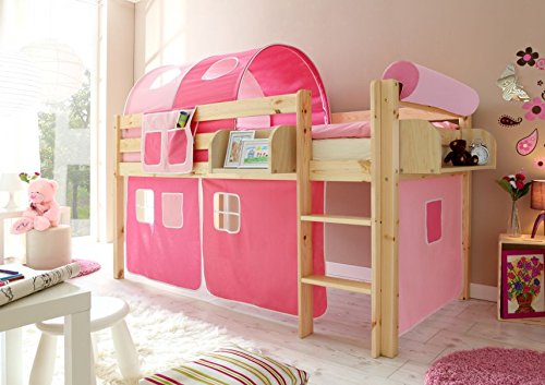Hochbett Spielbett Malte Kiefer massiv Natur mit Farbauswahl, Vorhangstoff:Rosa Pink 3 teilig