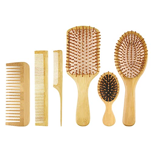 Haarbürsten-Set, Luftkissen-Massagekamm, breiter Zahnkamm zur Reduzierung von Haarbruch und für lockiges, glattes Haar, trockene, nasse Holzfarbe, 6-teilig
