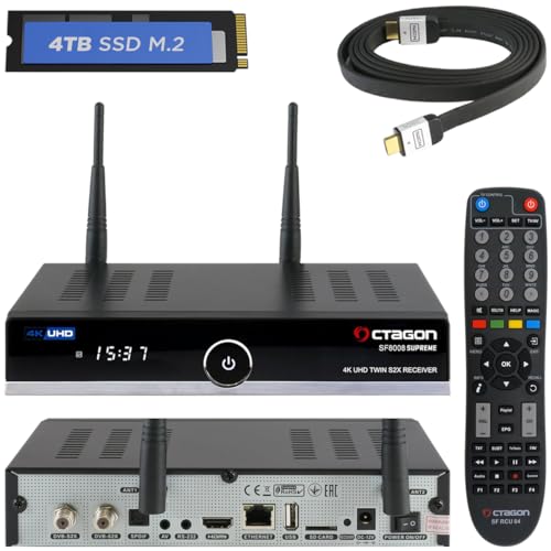 OCTAGON SF8008 UHD 4K Supreme Twin Sat Receiver + 4TB Festplatte INTERN + NONIC HDMI Kabel, 2X DVB-S2X Tuner, E2 Linux & Define OS, mit PVR Aufnahmefunktion, M.2 M Key, Gigabit LAN, WiFi WLAN