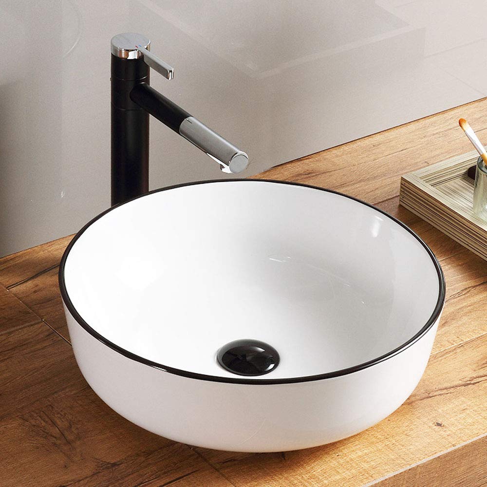 HomeLava Runde Keramik Aufsatzwaschbecken Weiß Körper Schwarz Randstreifen mit Ventil Ablauf Bad Gäste WC(ohne Wasserhahn)