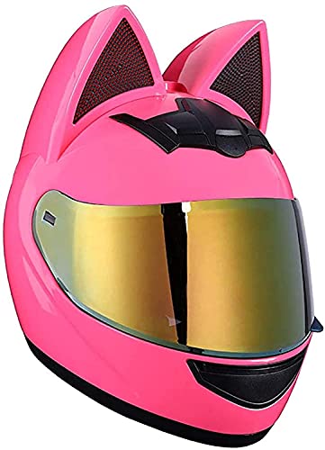 Frauen Motorradhelme Katzenohren Vollgesichts-Integralhelme Erwachsene Klappvisiere Motocross-Helm Motorrad Crash Modularer Helm Leichtes Design DOT-Zertifiziert Pink 1,S=50-53CM