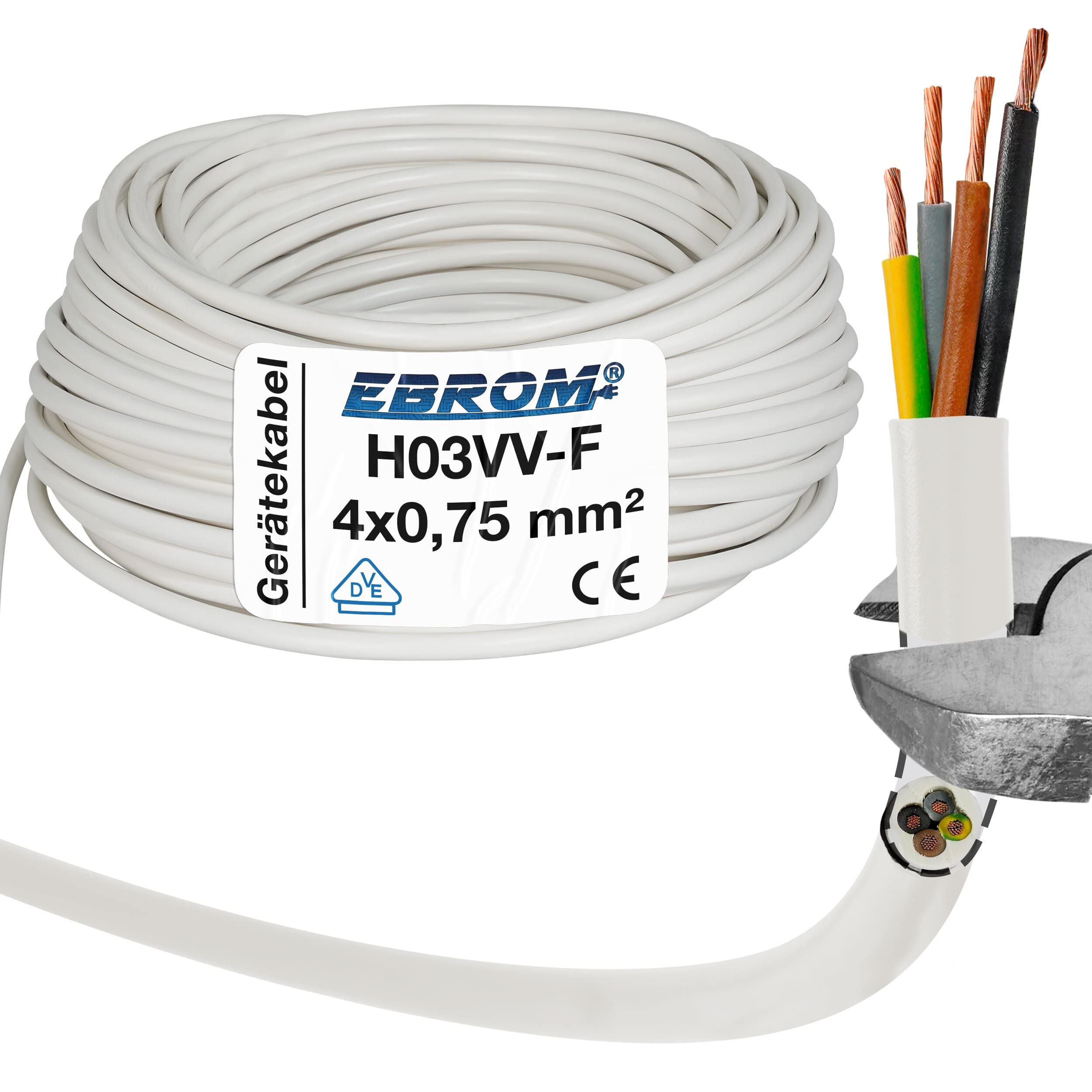 EBROM Kunststoff Schlauchleitung RUND, LED Kabel, Stromkabel, Leitung, Gerätekabel H03VV-F 4x0,75 mm² Farbe: weiß, viele Längen in 5 m Schritten bis 250 Meter 4G0,75 mm2, Ihre Kabellänge: 30 Meter