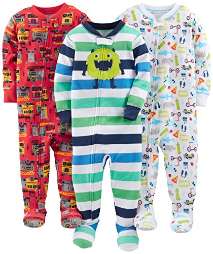 Simple Joys by Carter's Baby und Kleinkind Jungen Schlafanzug mit Fuß, Baumwolle, 3er-Pack ,Monster/Fire Truck/White ,6-9 Months