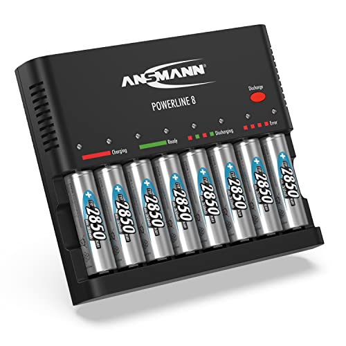 ANSMANN Akku-Ladegerät für 8x AA/AAA NiMH Akkus (Laden/Entladen) 8-fach Batterieladegerät mit Einzelschachtüberwachung + 8x 2850er AA NiMH Akkus, vollautomatisches Ladegerät mit Überladeschutz