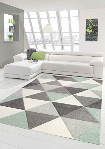 Merinos Teppich modern Designerteppich mit Dreieck Muster in Grün Grau Creme Größe 120x170 cm