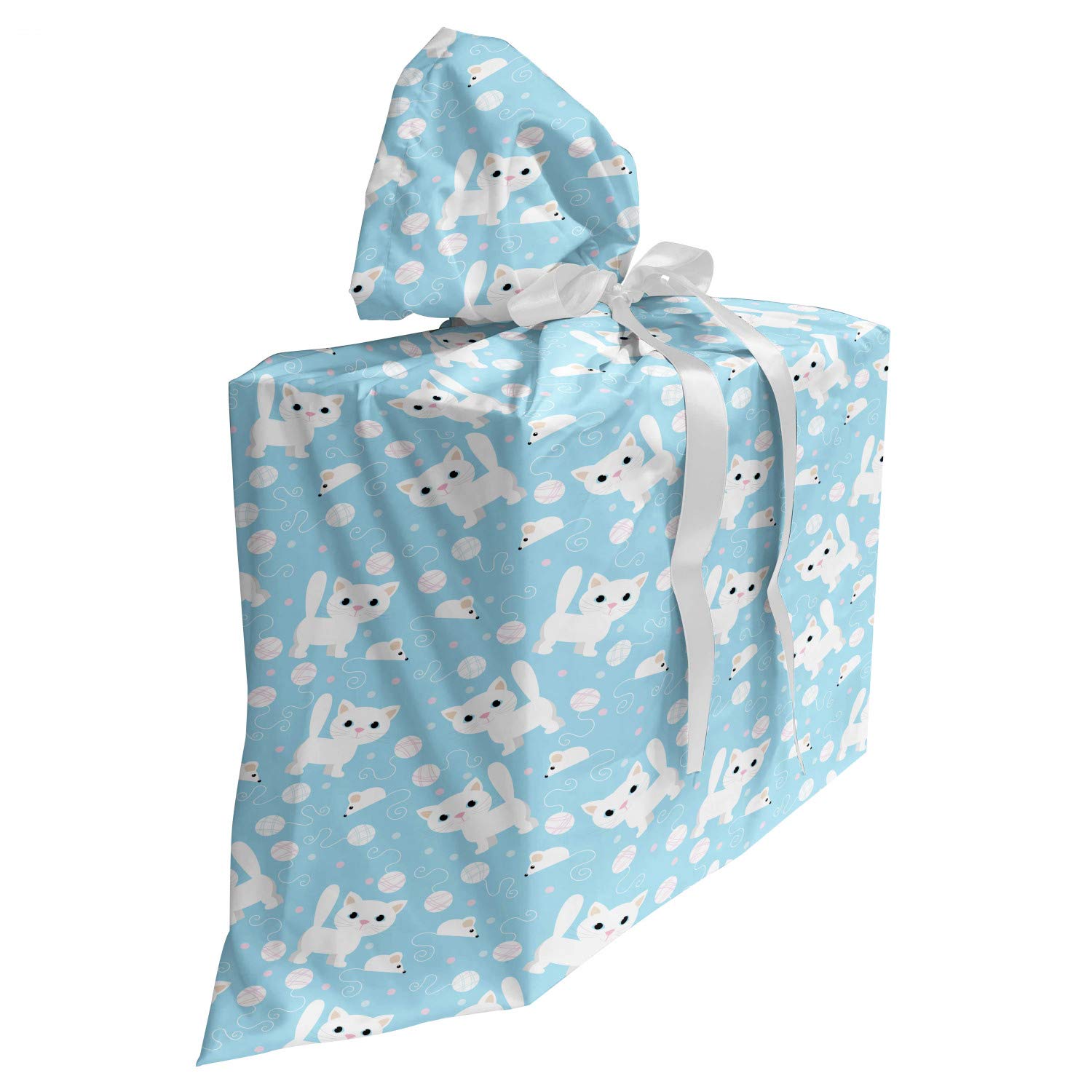 ABAKUHAUS Baby Baby Shower Geschänksverpackung aus Stoff, Amüsant Katze mit Garn, 3x Bändern Wiederbenutzbar, 70 x 80 cm, blau Creme