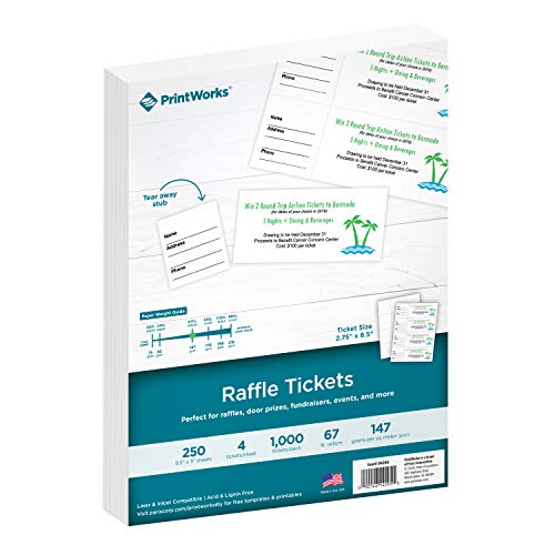 PrintWorks Tombola-Tickets, perforierter Karton für Tickets mit Abreißstutzen, 22 x 28 cm, 147 g/m², 4 Tickets pro Blatt, 250 Blatt, insgesamt 1000 Tickets, weiß (04295) (2,75 x 8,5)