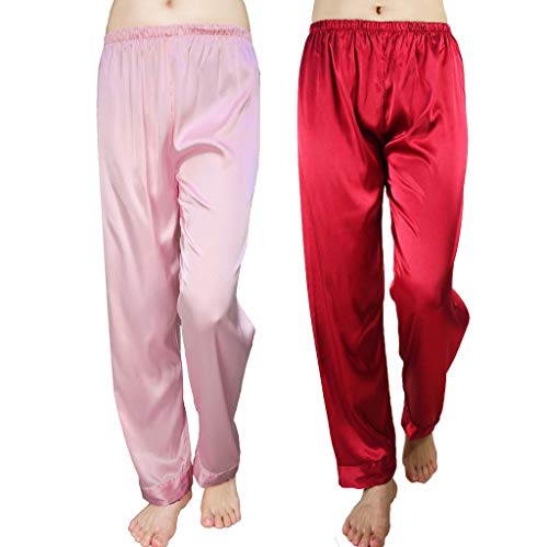Wantschun Damen Satin Silk Schlafanzughose Nachtwäsche Hose Pyjama Bottom, Packung mit 2: Rosa + Wein Rot, M