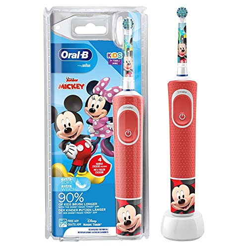 Oral-B Kids Mickey Elektrische Zahnbürste für Kinder ab 3 Jahren, kleiner Bürstenkopf & extra weiche Borsten, 2 Putzprogramme inkl. Sensitiv, Timer, 4 Mickey-Sticker, rot