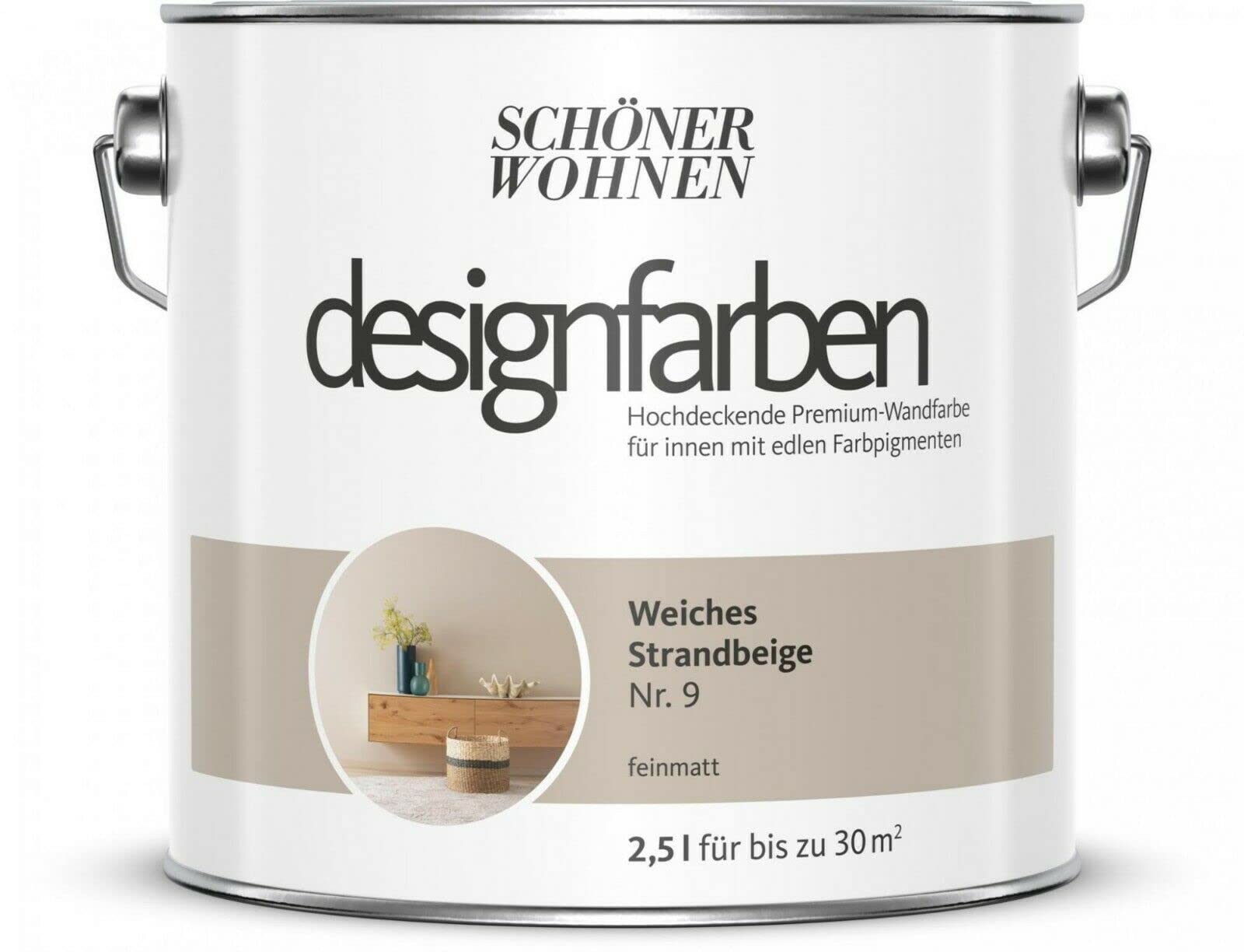 Schöner Wohnen designfarben feinmatte Wandfarbe für innen 2,5 Liter mit go/on Rollen-Set 5-tlg (Nr 9 Weiches Strandbeige)