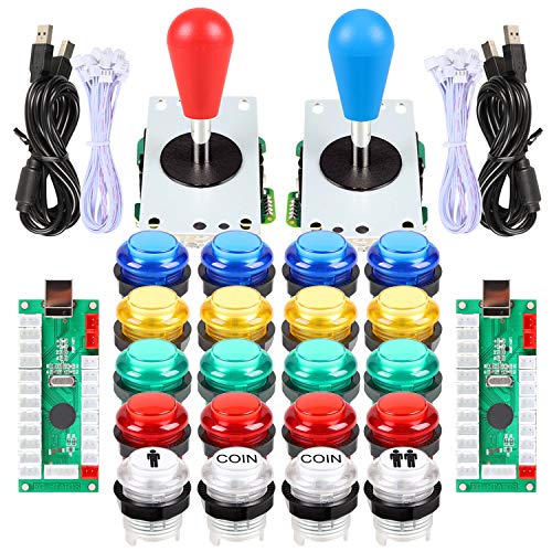 Fosiya LED-Arcade-Joystick-Tasten-Set, Ellipse, ovaler Stil, 8-Wege-Joystick + 20 x LED-Arcade-Tasten für 2 Spieler, Videospiele, Standard-Controller, alle Windows-PCs, MAME, Raspberry Pi (gemischte