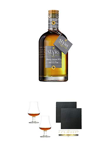 Slyrs Bavarian Whisky Oloroso Sherry Deutschland 0,35 Liter + Stölzle Nosingglas für Whisky 2 Gläser - 1610031 + Schiefer Glasuntersetzer eckig ca. 9,5 cm Ø 2 Stück