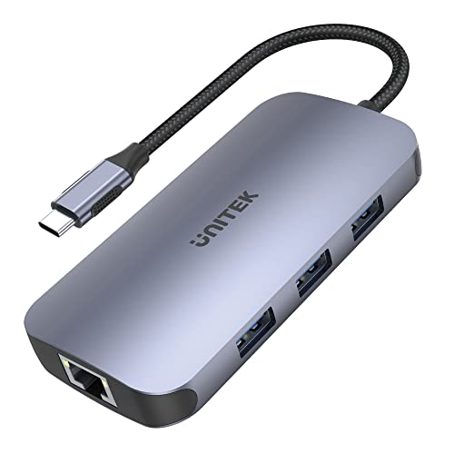 uHUB Unitek D1071A N9+ 9-in-1 USB-C Ethernet Hub mit HDMI, 100W Power Delivery und Card Reader / Aluminium / Nylon Kabel / USB-A, USB-C (Netzteil), HDMI 2.0, Card Reader, Anschluss RJ -45