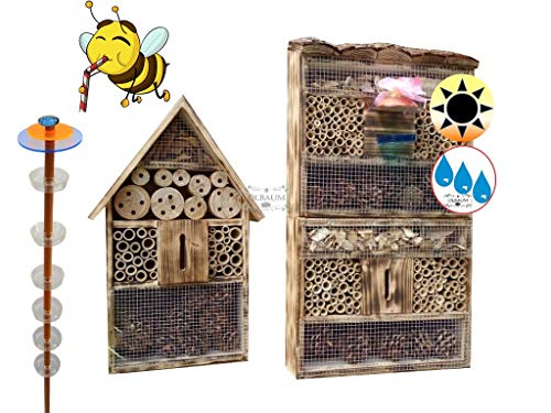 2X Lotus Bienenhotel, Premium Insektenhotel MIT BIENENTRÄNKE,XXL Bienenstock & Bienenfutterstation für Wildbienen, Hummeln Schmetterlinge Nistkasten GEFLAMMT geflammt