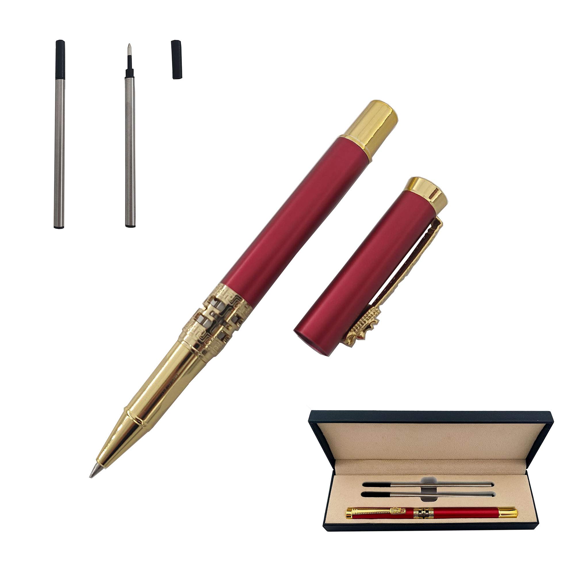 Accod Metall-Tintenroller Retro Classic Signature Pen Business Gift Kugelschreiber Smooth Writing Rollerball Pen für Männer und Frauen mit zwei 0,5 mm schwarzen Kugelschreiberminen box (rot)