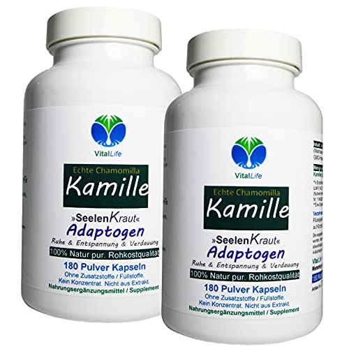 Echte KAMILLE Chamomilla 360 (2x180) Kamillenblüten Kapseln - MAGEN & DARM Adaptogen + SeelenKraut für ENTSPANNUNG - KEIN EXTRAKT- Nicht HOCHDOSIERT - NATUR PUR - OHNE ZUSATZSTOFFE. 27120-4