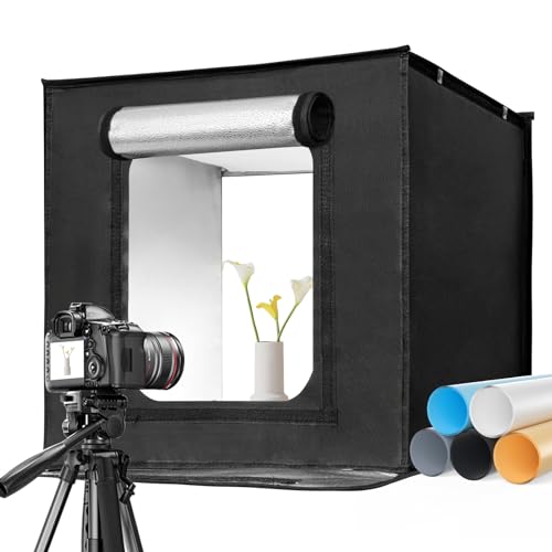 EMART Fotobox 50x50cm, Dimmbare Fotostudio Set mit 5 Produktfotokulissen und 3 Farben Licht, für Lebensmittel Schmuck Produktfotografie