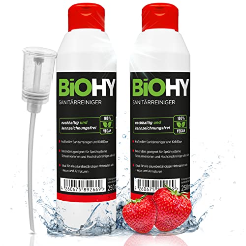 BiOHY Sanitärreiniger (2x250ml Flasche) + Dosierer | Kalkzersetzendes Konzentrat für den Sanitärbereich | Badreiniger mit angenehme & frischen Duft | EXTRA STARK