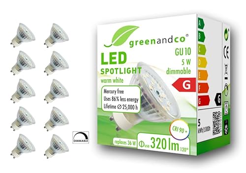 10x greenandco® CRI 90+ LED Spot dimmbar ersetzt 50W GU10 5W 410lm 3000K warmweiß 110° 230V, flimmerfrei, 2 Jahre Garantie