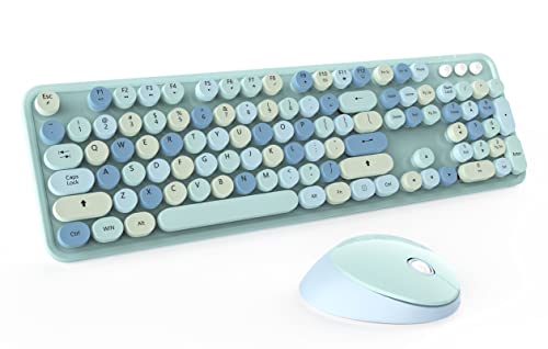 Kabellose Tastatur und Maus, niedliche, bunte 104-Tasten-Schreibmaschine, Retro-Tastenkappen, Tastatur für PC, Laptop, Windows, Desktop, perfekt für Heim- und Büro-Tastaturen (blau)