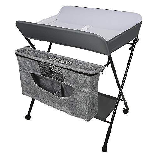 Professioneller Wickeltisch, zusammenklappbar und tragbar, Baby-Wickeltisch mit Sicherheitsschloss, höhenverstellbar 93 – 99 cm, kein Bücken nötig.