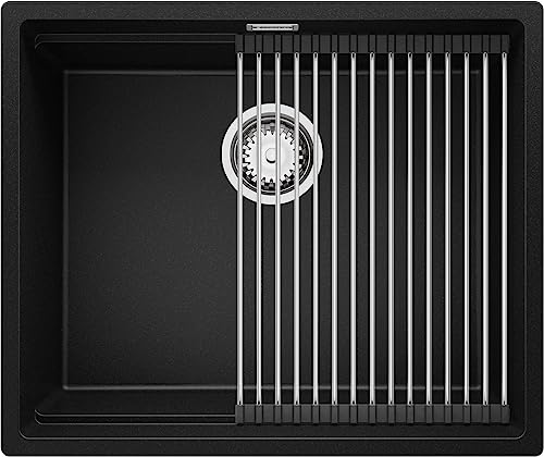 Unterbauspüle Schwarz 56 x 47 cm, Granitspüle 1 Becken + Ablauf-Set (Drehknopf), Spülbecken ab 60er Unterschrank, Küchenspüle von Primagran