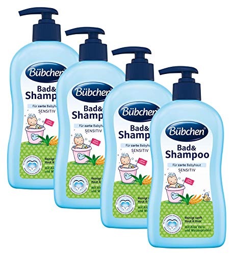 Bübchen Bad und Shampoo sensitiv Baby Shampoo und -duschgel mit Aloe vera und Weizenprotein, pflegt feine Haare und zarte Babyhaut, Menge: 4 x 400 ml