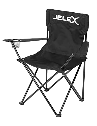 JELEX Expedition Campingstuhl mit Rückenlehne, integrierten Armlehnen und Getränkehalter, einfacher Klappmechanismus. Schmutz- und wasserabweisend (Schwarz)