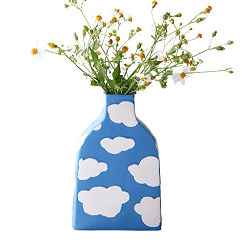 SYXL 8,2 Zoll schöne Vase, Bunte Malerei Himmel weiße Wolke Steinzeug Vasen getrocknete Blumen Zuhause verschönern Wohnzimmer Verschönerung