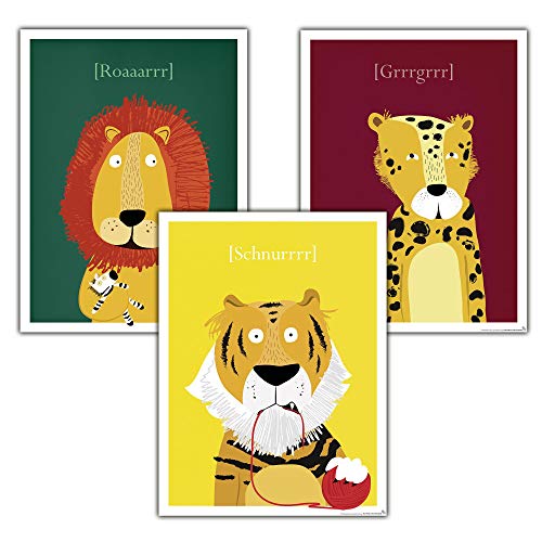 Close Up Kinderzimmer Poster Raubkatzen, 3er-Set (30 x 40 cm | 11,8x15,7") Babyzimmer Deko Bilder, Tiere Kunstdruck - Löwe, Tiger & Leopard + Ãœ-Poster