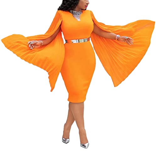 VERWIN Langarm Rundhals Patchwork Einfarbig Damen Bodycon Kleid Flare Sleeve Midi Kleid Gr. XL, Orange