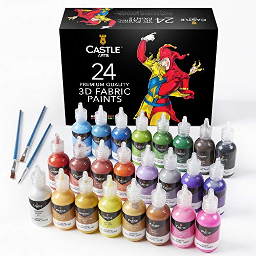 Castle Art Supplies 3D-Farb-Set für Stoffmaterialien, 24 hochwertige sowie lebendige Farben, perfekt für Kleidung, Leinwände, Glas und Holz, 29 ml pro Flasche, ungiftig und sicher für Kinder