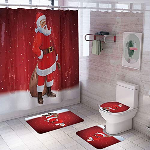 ChYoung 4 STÜCKE Weihnachten Bad Sets Schneemann Weihnachtsmann Duschvorhang / Badematten Teppiche / U-förmigen Podest Matte / Toilettensitzbezug (A5)