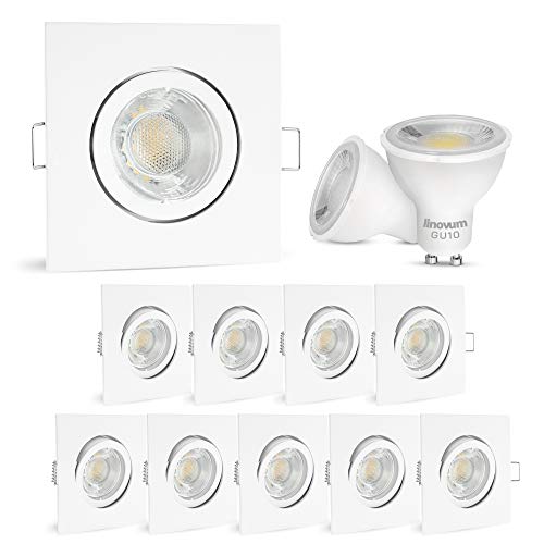 linovum® LED Einbauleuchten 10er Set eckig weiß schwenkbar - Einbau Spotlight 230V mit 3W GU10 Lampe warmweiß inkl. Fassung