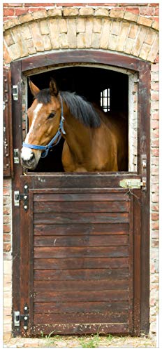 Wallario Selbstklebende Türtapete Pferd im Stall - 93 x 205 cm in Premium-Qualität: Abwischbar, Brillante Farben, rückstandsfrei zu entfernen