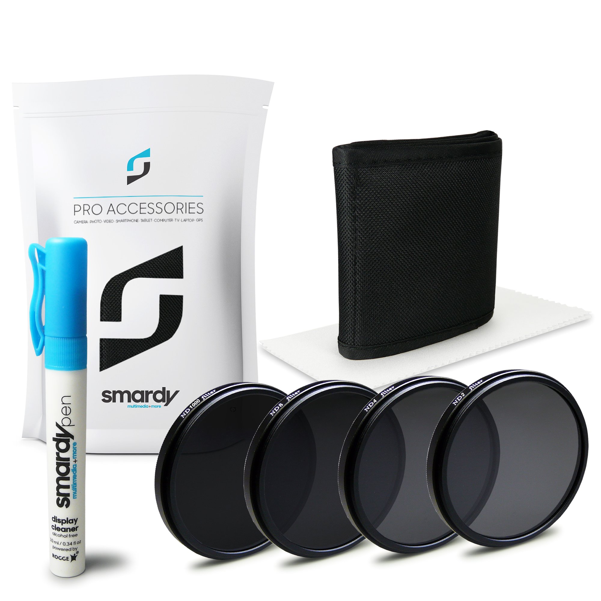 smardy 62mm Filterset (ND2, ND4, ND8, ND1000) + Tasche + Microfaser-Reinigungstuch + 10ml SprayPen mit Rogge Lens Sensor Cleaner