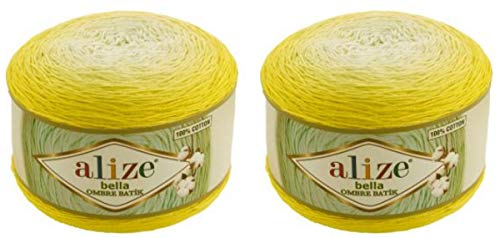 2 x 250 g Alize Bella Batik Ombre Strickwolle Farbverlauf, 500 Gramm Strickgarn 100% Baumwolle, Farbverlaufswolle (gelb 7414)