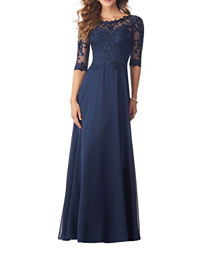 Charmant Damen 2018 Neu Elegant Langarm Spitze Abendkleider Brautmutterkleider Partykleider Chiffon A-Linie Lang-38 Navy Blau