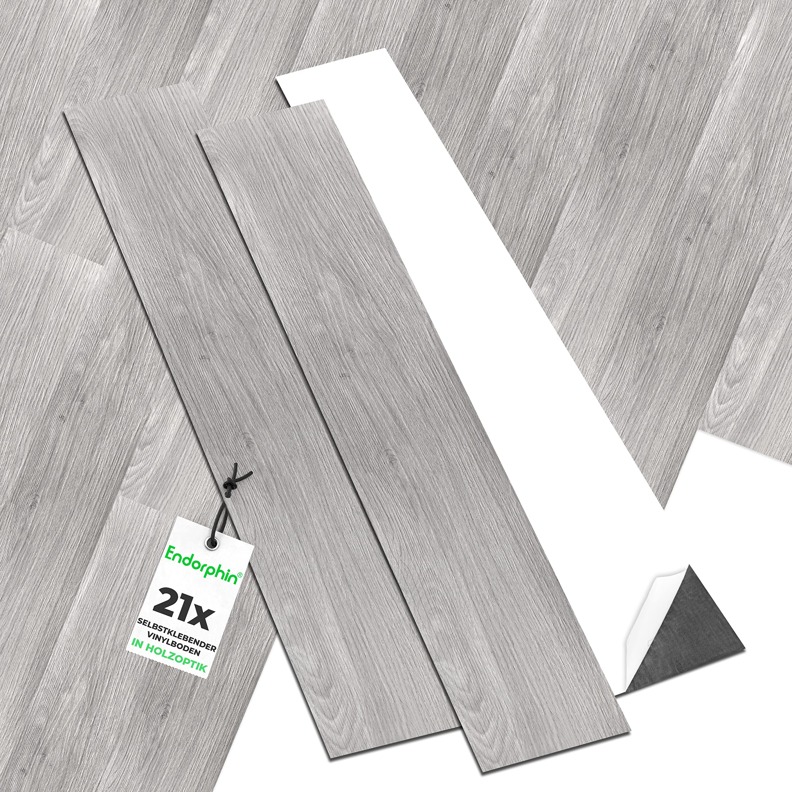 ENDORPHIN® PVC Bodenbelag in Hellgrau | Vinylboden mit Holz-Optik | aus recyceltem Material | 91,44 x 15,24 x 0,2cm | 21 Stück für circa 2,93qm | Selbstklebender Holzboden | Klebefliesen