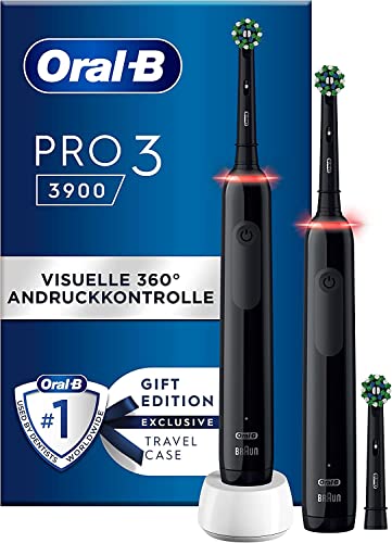 Oral-B Pro 3 3900 Doppelpack Elektrische Zahnbürsten/Electric Toothbrushes mit visueller 360° Andruckkontrolle für extra Zahnfleischschutz, 3 Putzmodi inkl. Sensitiv, Timer, schwarz