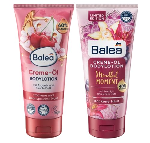 Balea 2er-Set Hautpflege: Bodylotion CREME-ÖL mit Arganöl & Kirsch-Duft für trockene, beanspruchte Haut (200 ml) + Körperlotion MINDFUL MOMENTS blumig sinnliche Pflege + 40% Öl-Anteil (200 ml), 400 ml
